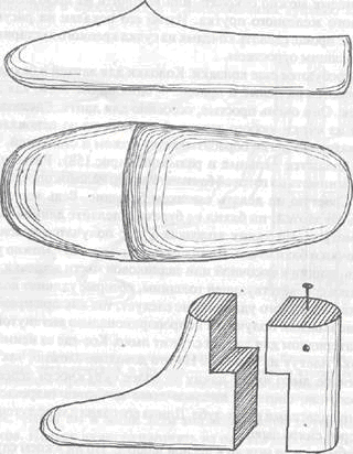 Подпись: Рис. 158, Колодки для лаптей (верхняя) и для бахил